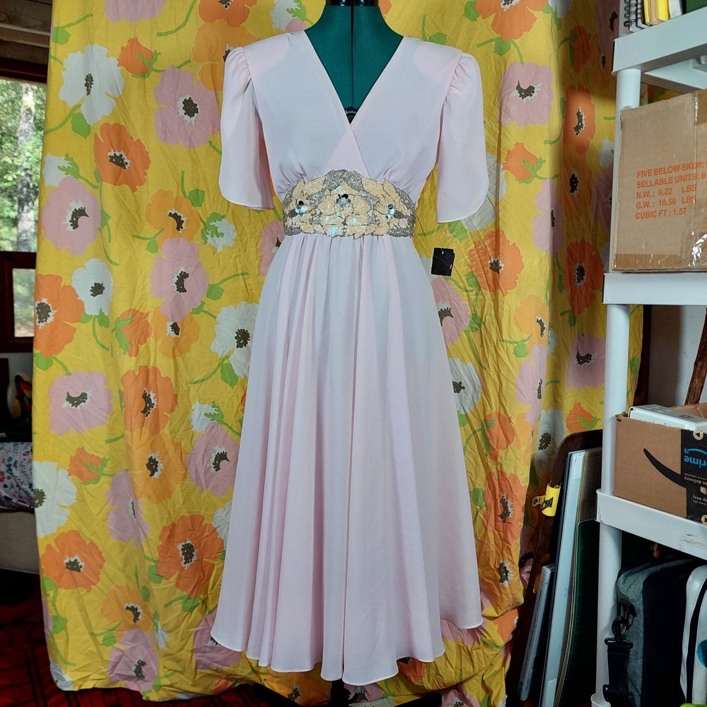 Vintage 70s Ursula of Switzerland Pink Sequin Waist Dress Petite 4 Deadstock